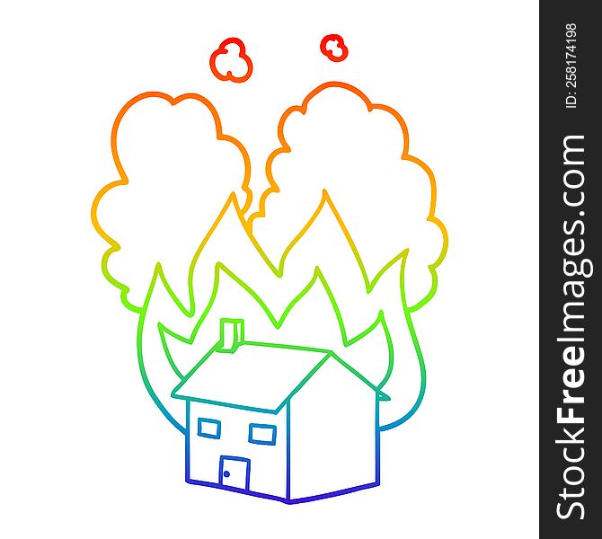 rainbow gradient line drawing of a cartoon burning house