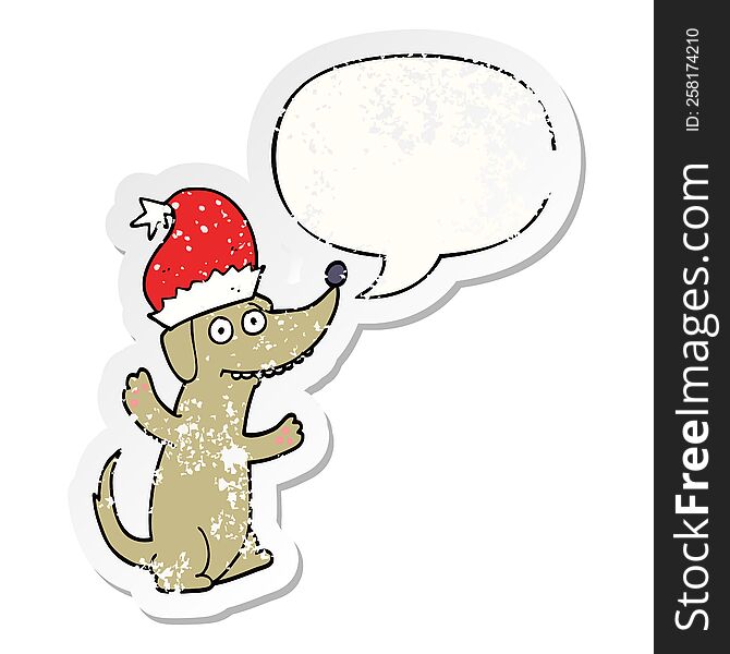 cute christmas cartoon dog with speech bubble distressed distressed old sticker. cute christmas cartoon dog with speech bubble distressed distressed old sticker