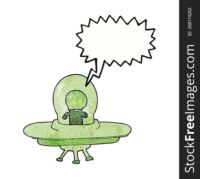 freehand speech bubble textured cartoon alien in flying saucer