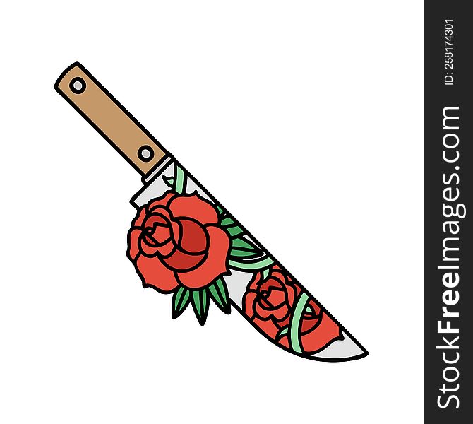 Traditional Tattoo Of A Dagger And Flowers