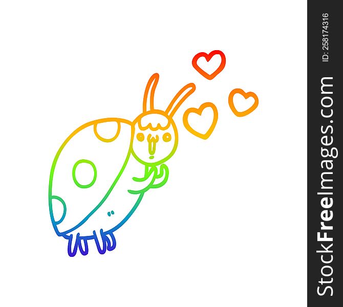 rainbow gradient line drawing of a cute cartoon ladybug in love