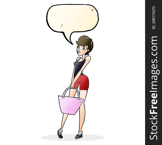 cartoon attractive woman shopping with speech bubble