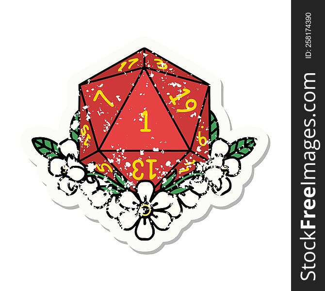 grunge sticker of a natural one dice roll with floral elements. grunge sticker of a natural one dice roll with floral elements