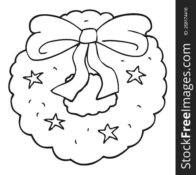 freehand drawn black and white cartoon christmas wreath