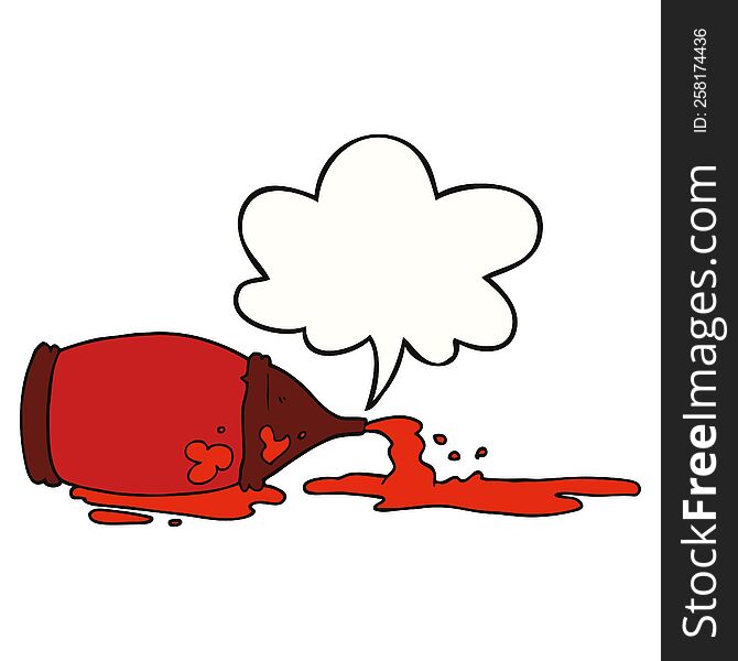 cartoon spilled ketchup bottle with speech bubble