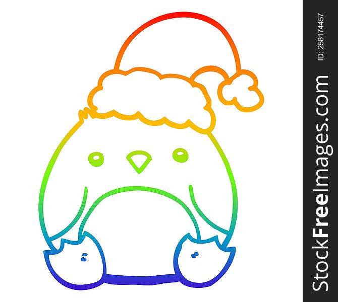 rainbow gradient line drawing of a cute cartoon penguin wearing christmas hat