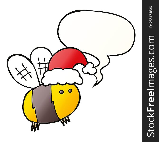 Cute Cartoon Bee Wearing Christmas Hat And Speech Bubble In Smooth Gradient Style