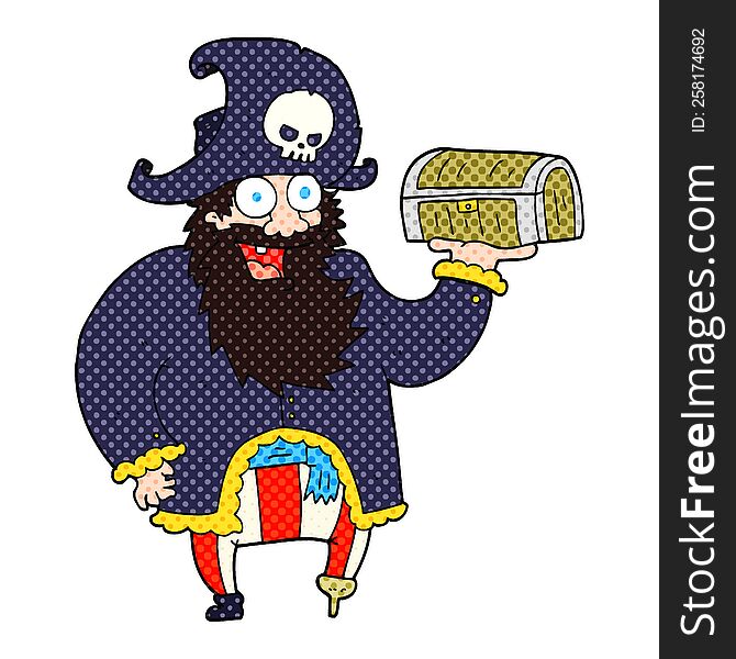 cartoon pirate captain with treasure chest