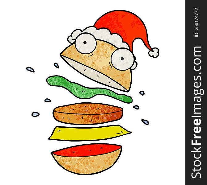 Textured Cartoon Of A Amazing Burger Wearing Santa Hat