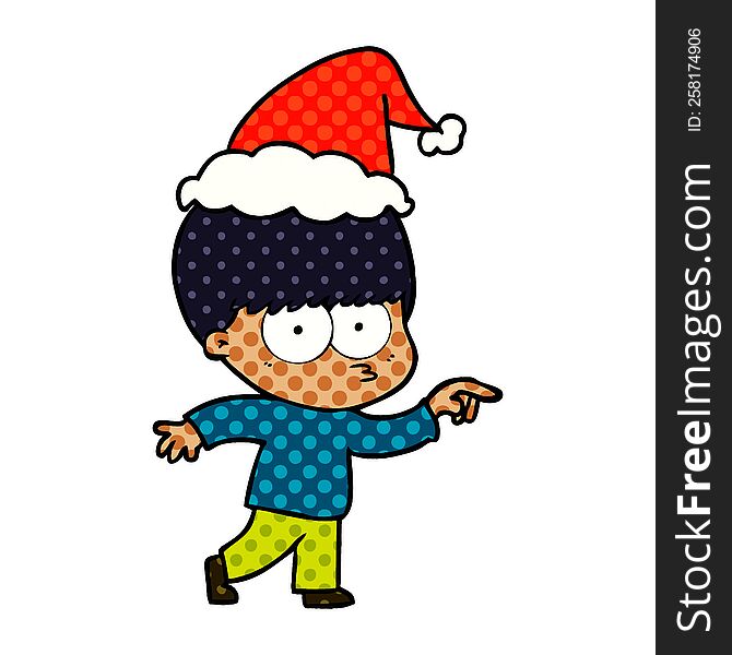 nervous hand drawn comic book style illustration of a boy wearing santa hat