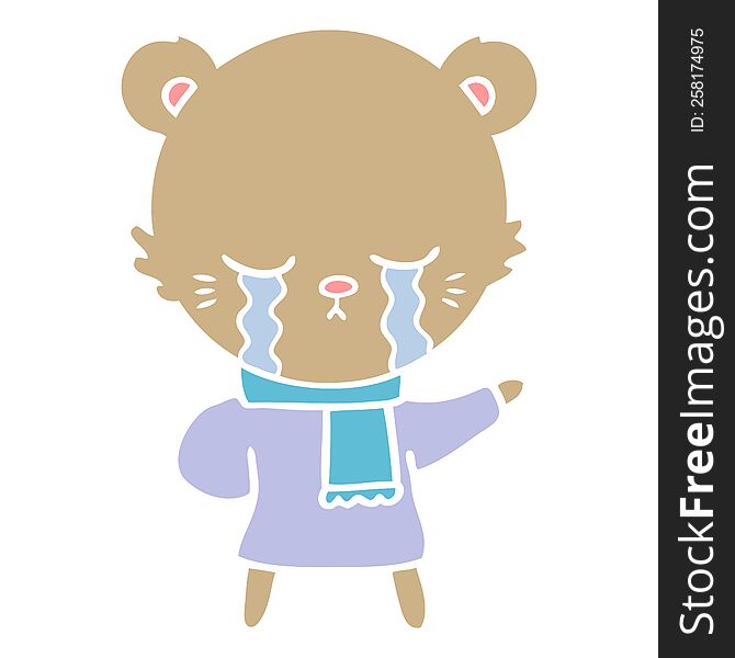 crying flat color style cartoon bear wearing winter clothes