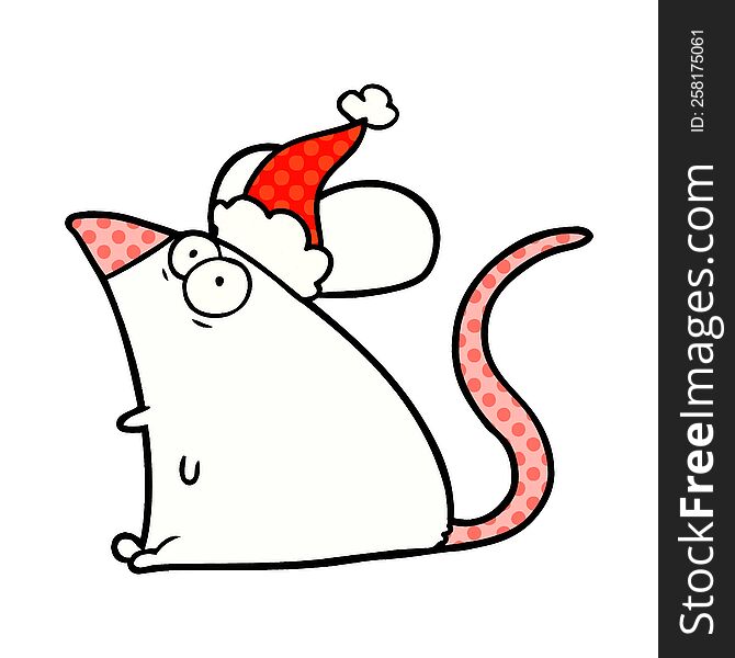 Comic Book Style Illustration Of A Frightened Mouse Wearing Santa Hat