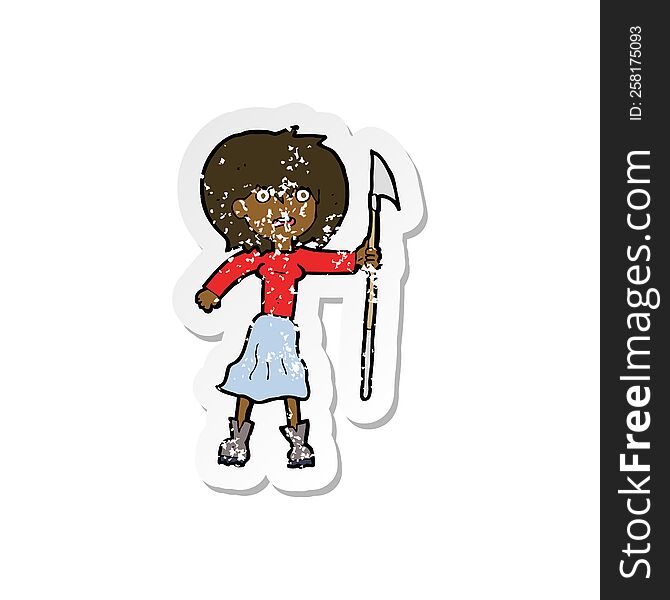 Retro Distressed Sticker Of A Cartoon Woman With Harpoon