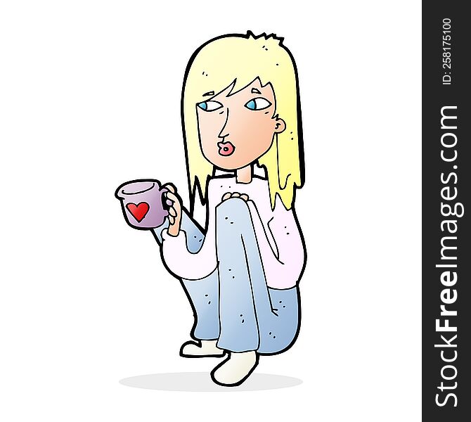 Cartoon Woman Sitting With Cup Of Coffee