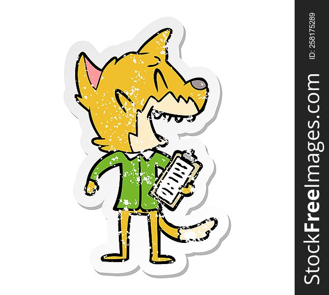distressed sticker of a laughing fox salesman