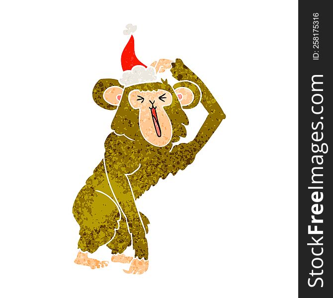 hand drawn retro cartoon of a chimp scratching head wearing santa hat