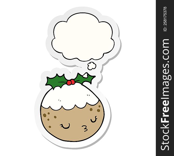 Cute Cartoon Christmas Pudding And Thought Bubble As A Printed Sticker