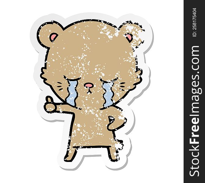 distressed sticker of a crying cartoon bear giving thumbs up