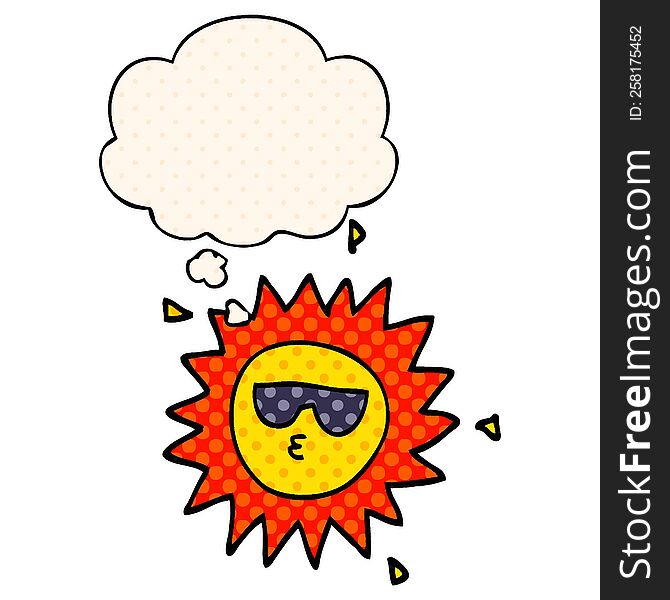 cartoon sun with thought bubble in comic book style