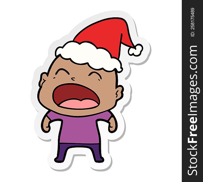 Sticker Cartoon Of A Shouting Bald Man Wearing Santa Hat