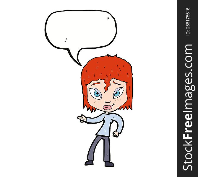 Cartoon Relaxed Woman Pointing With Speech Bubble