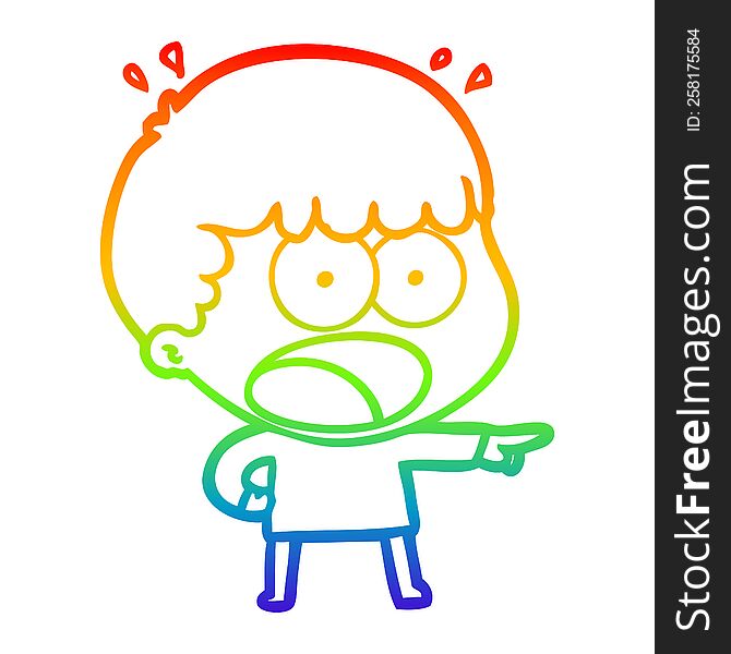 rainbow gradient line drawing of a cartoon shocked man pointing