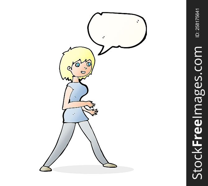 cartoon woman walking with speech bubble