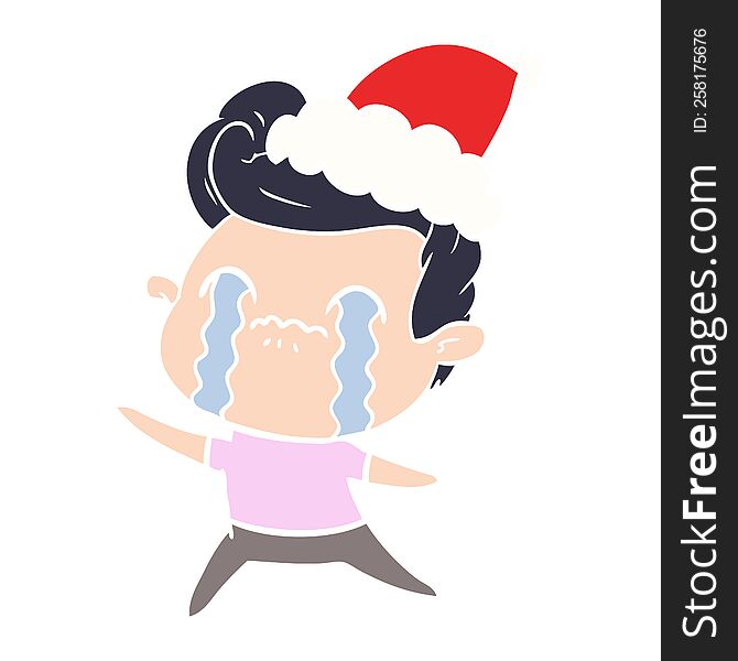 Flat Color Illustration Of A Man Crying Wearing Santa Hat