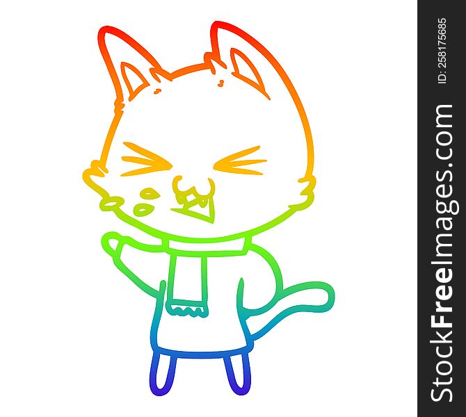 rainbow gradient line drawing of a cartoon cat hissing