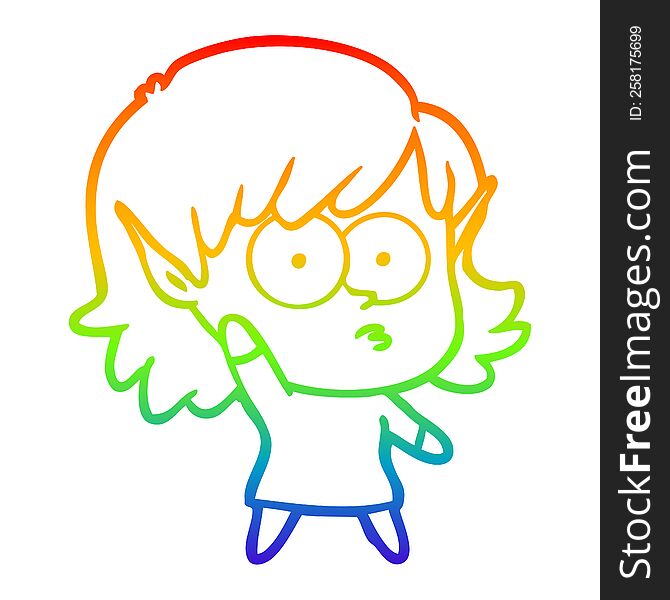 Rainbow Gradient Line Drawing Cartoon Elf Girl Waving