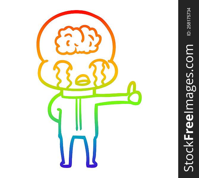 rainbow gradient line drawing of a cartoon big brain alien crying but giving thumbs up symbol