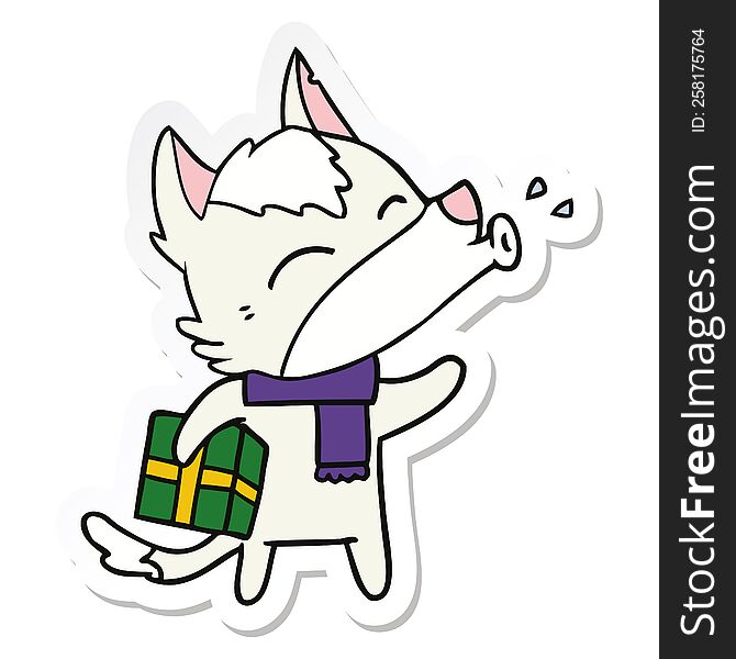 Sticker Of A Howling Wolf With Christmas Present