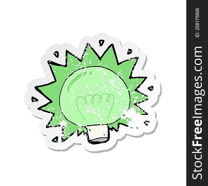 Retro Distressed Sticker Of A Cartoon Flashing Green Light Bulb