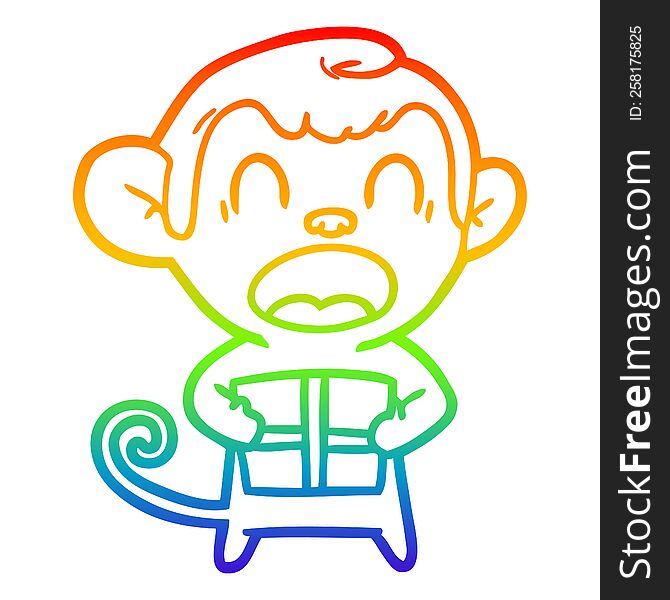 Rainbow Gradient Line Drawing Shouting Cartoon Monkey Carrying Christmas Gift