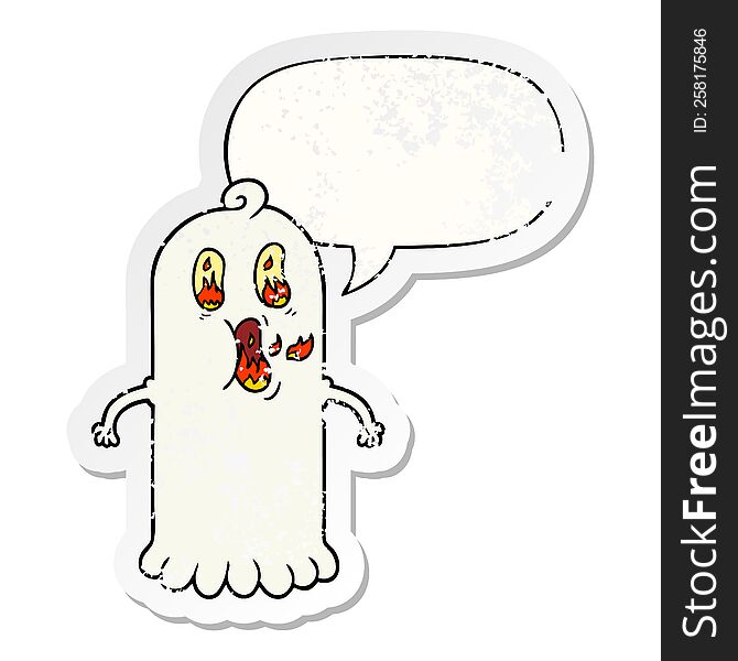 cartoon ghost with flaming eyes with speech bubble distressed distressed old sticker. cartoon ghost with flaming eyes with speech bubble distressed distressed old sticker
