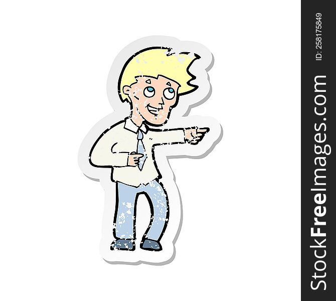 retro distressed sticker of a cartoon funny office man pointing