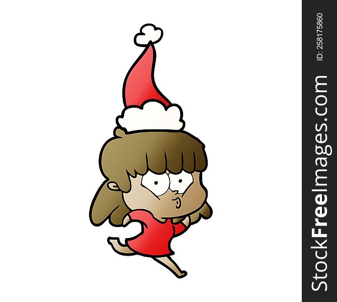 hand drawn gradient cartoon of a whistling girl wearing santa hat