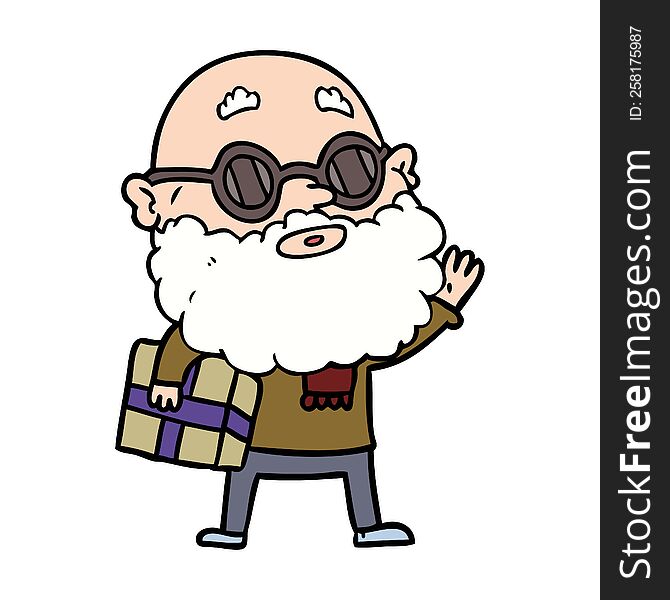 cartoon curious man with beard sunglasses and present. cartoon curious man with beard sunglasses and present