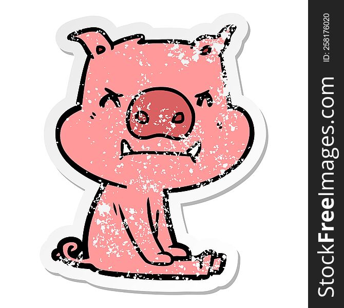 Distressed Sticker Of A Angry Cartoon Pig Sitting