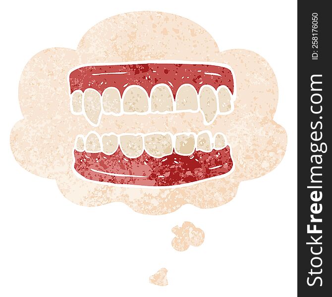 Cartoon Vampire Teeth And Thought Bubble In Retro Textured Style