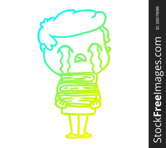 cold gradient line drawing of a cartoon man crying over stack of books