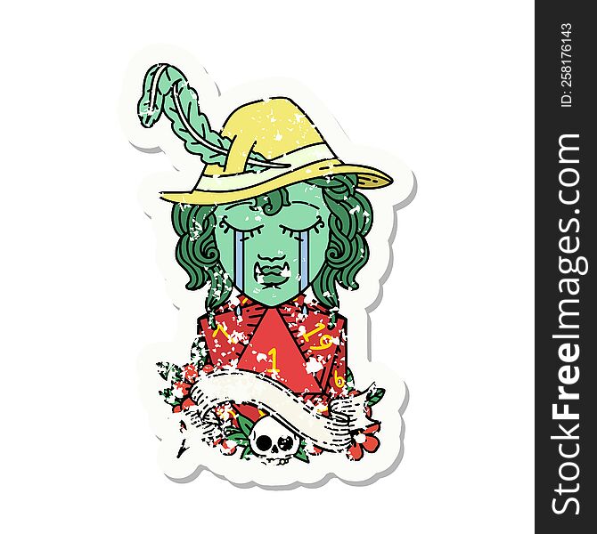 grunge sticker of a crying orc bard character with natural one D20 roll. grunge sticker of a crying orc bard character with natural one D20 roll