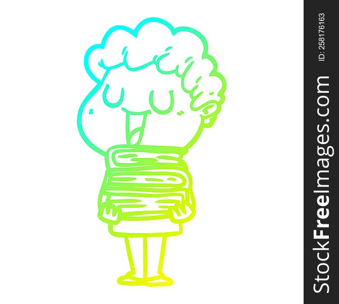 cold gradient line drawing of a laughing cartoon man with books