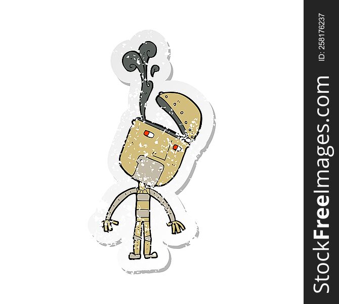 Retro Distressed Sticker Of A Cartoon Robot With Open Head