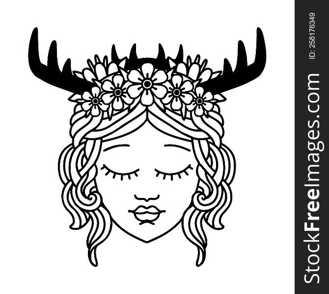 Black and White Tattoo linework Style human druid character face. Black and White Tattoo linework Style human druid character face