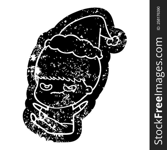quirky cartoon distressed icon of a boy wearing santa hat