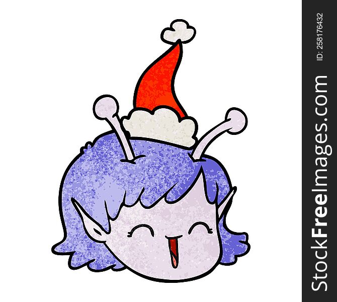 hand drawn textured cartoon of a alien space girl face wearing santa hat