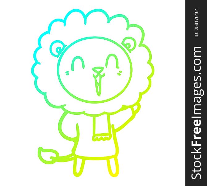 Cold Gradient Line Drawing Laughing Lion Cartoon In Winter Clothes