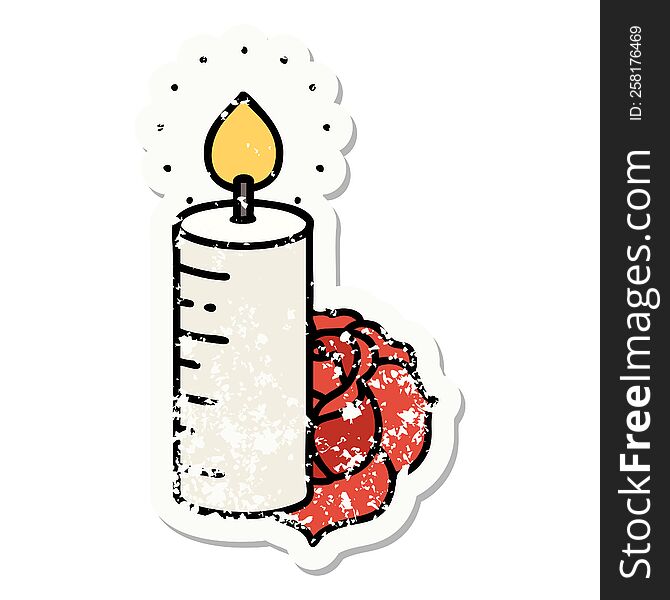 Traditional Distressed Sticker Tattoo Of A Candle And A Rose