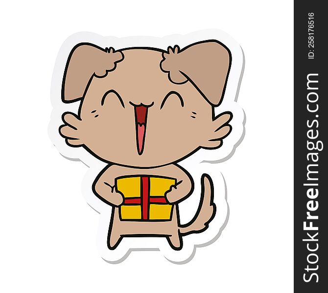 sticker of a happy little cartoon dog with present